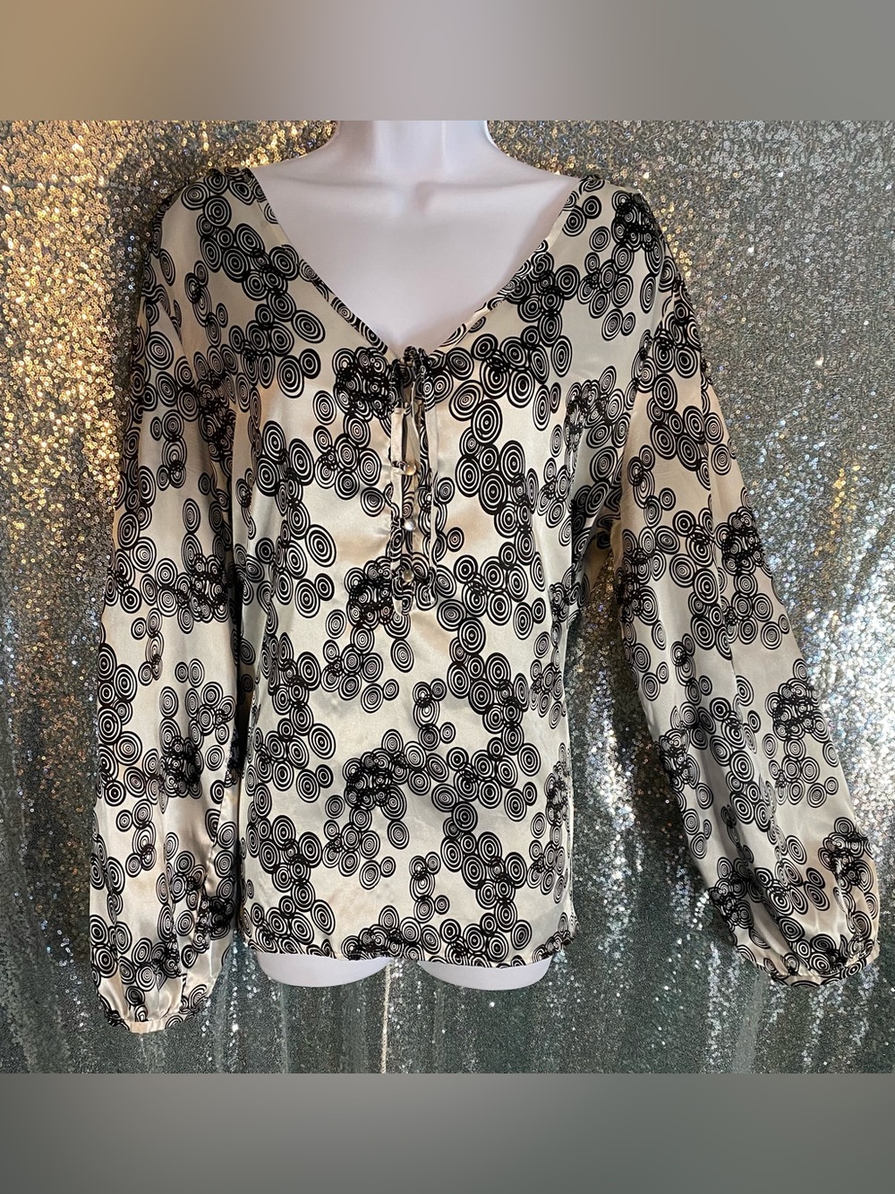Y2K M.K.M Designs Satin Swirl Blouse XL Balloon Sleeve Tie Front Silver Black
